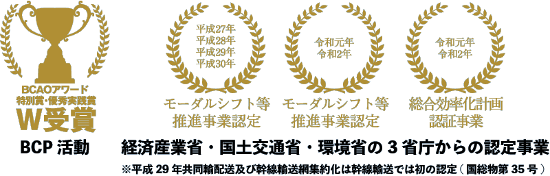 BCP活動、経済産業省・国土交通省・環境省の3省庁からの認定事業※平成29年共同輸配送及び幹線輸送網集約化は幹線輸送では初の認定( 国総物第35号)