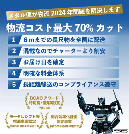 メタル便が物流2024年問題を解決します。物流コスト最大70%カット。1.６ｍまでの長尺物を全国に配送、2.混載なのでチャーターより割安、3.お届け日を確定、4.明確な料金体系、5.長距離輸送のコンプライアンス遵守